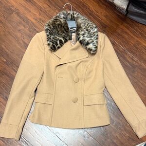 INC International Concepts Tan Pea Coat with Faux Fur Collar